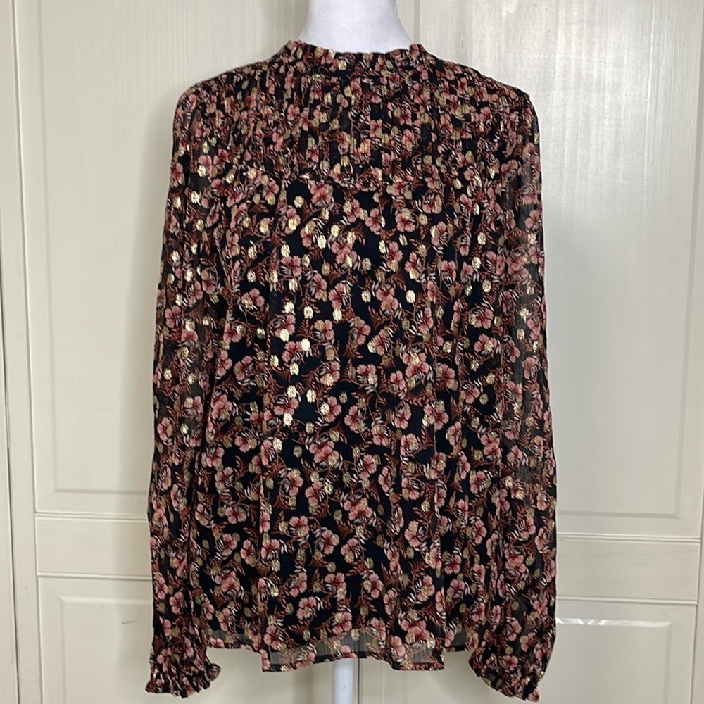 LOFT Women's Shimmer Vine Pleated Yoke Blouse Size M